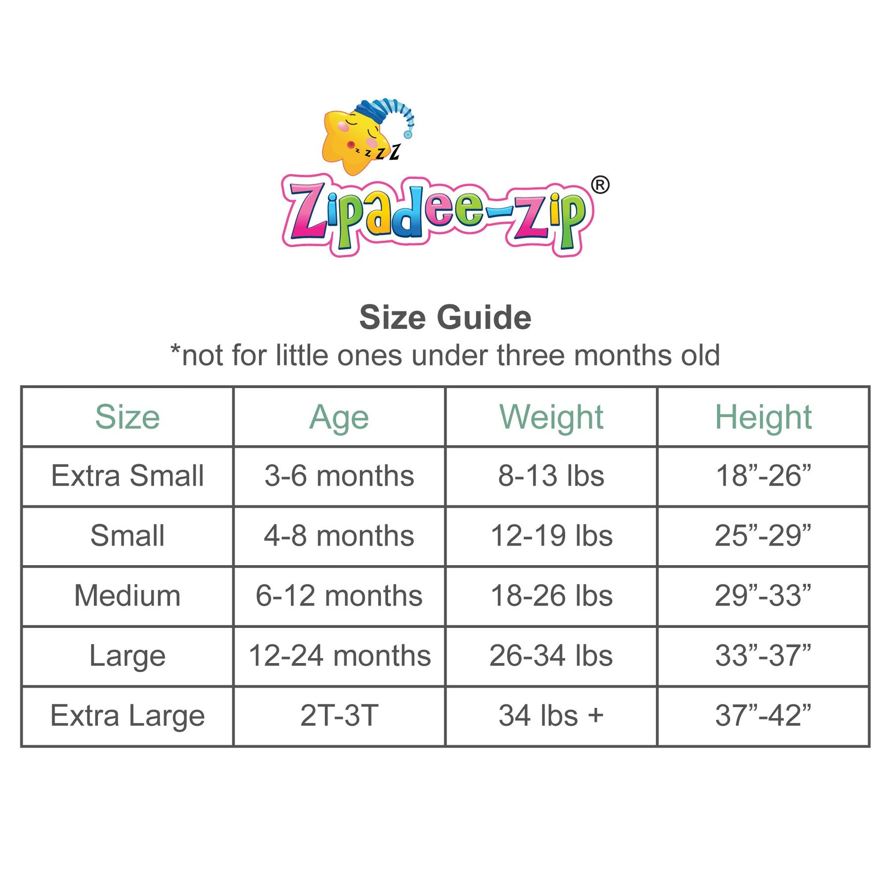 ZipadeeZip Size Chart